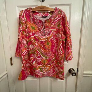 Izaro Pink Paisley Beaded 3/4 Sleeve Tunic Style Top size XL